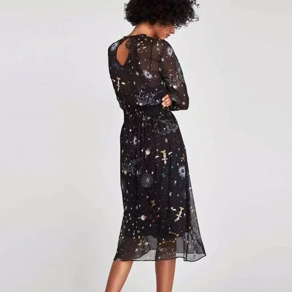 Zara Constalation zodiac galaxy astrology star print chiffon black midi dress - Picture 3 of 8